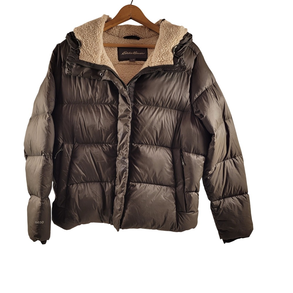 Eddie Bauer Puffer Jacket Womens XL Olive Green Excellent EB650 Down Sherpa Hood